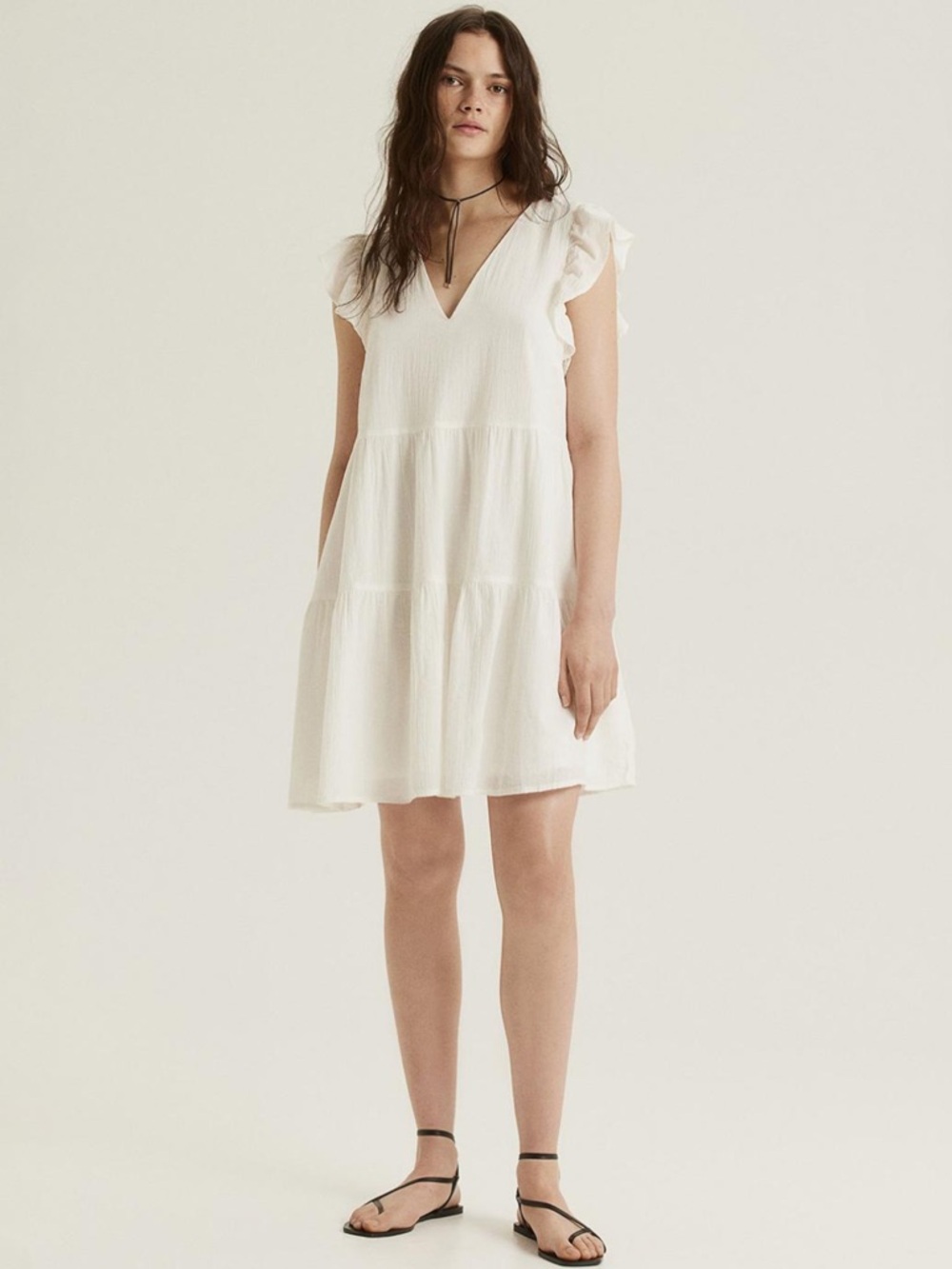 DIVIDED by H&M Cream V-Neck Flutter Sleeve Cotton Throw On Dress- Size Medium